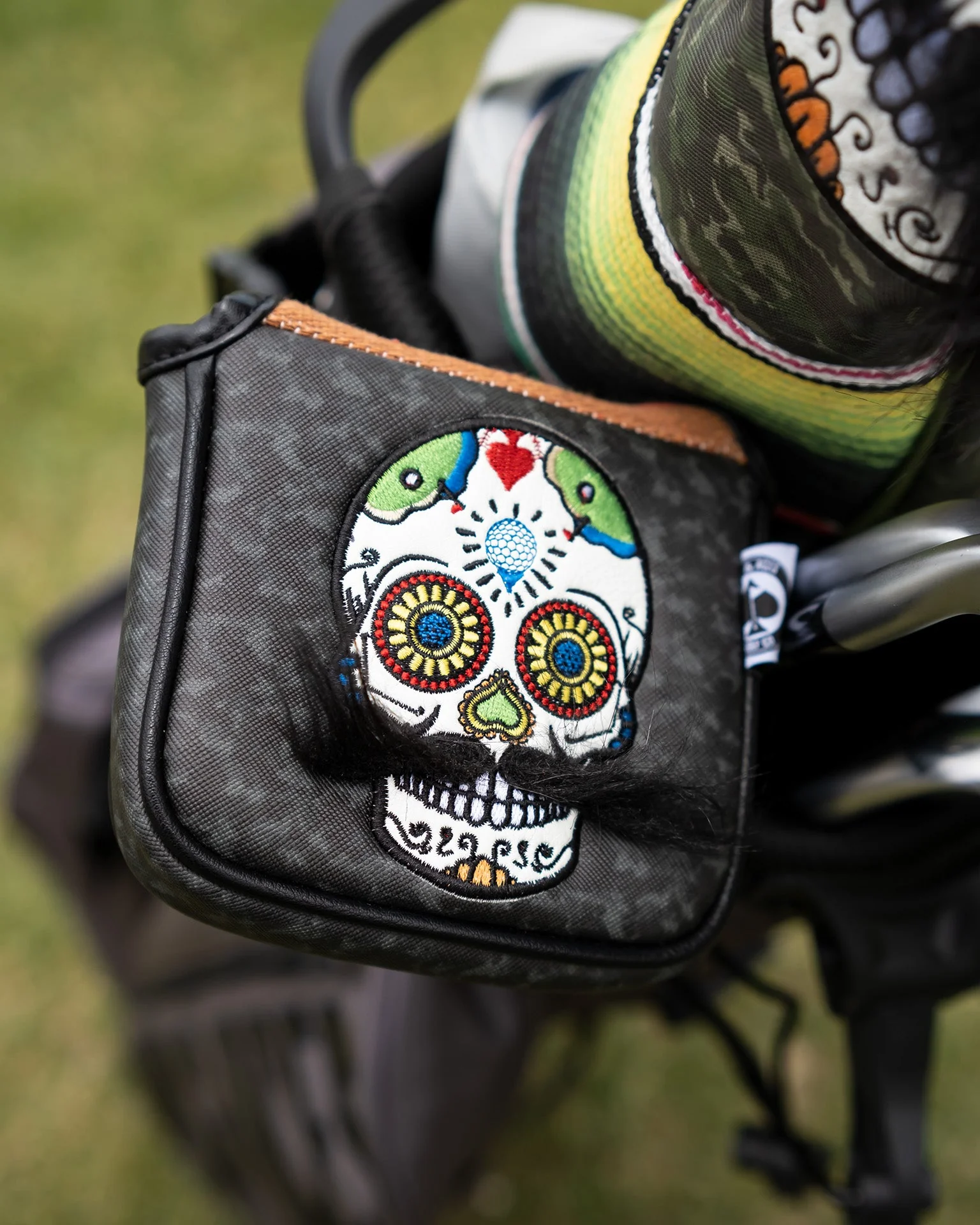 Mustache Sugar Skull - Mallet Putter Cover Gray Camo - Image 5
