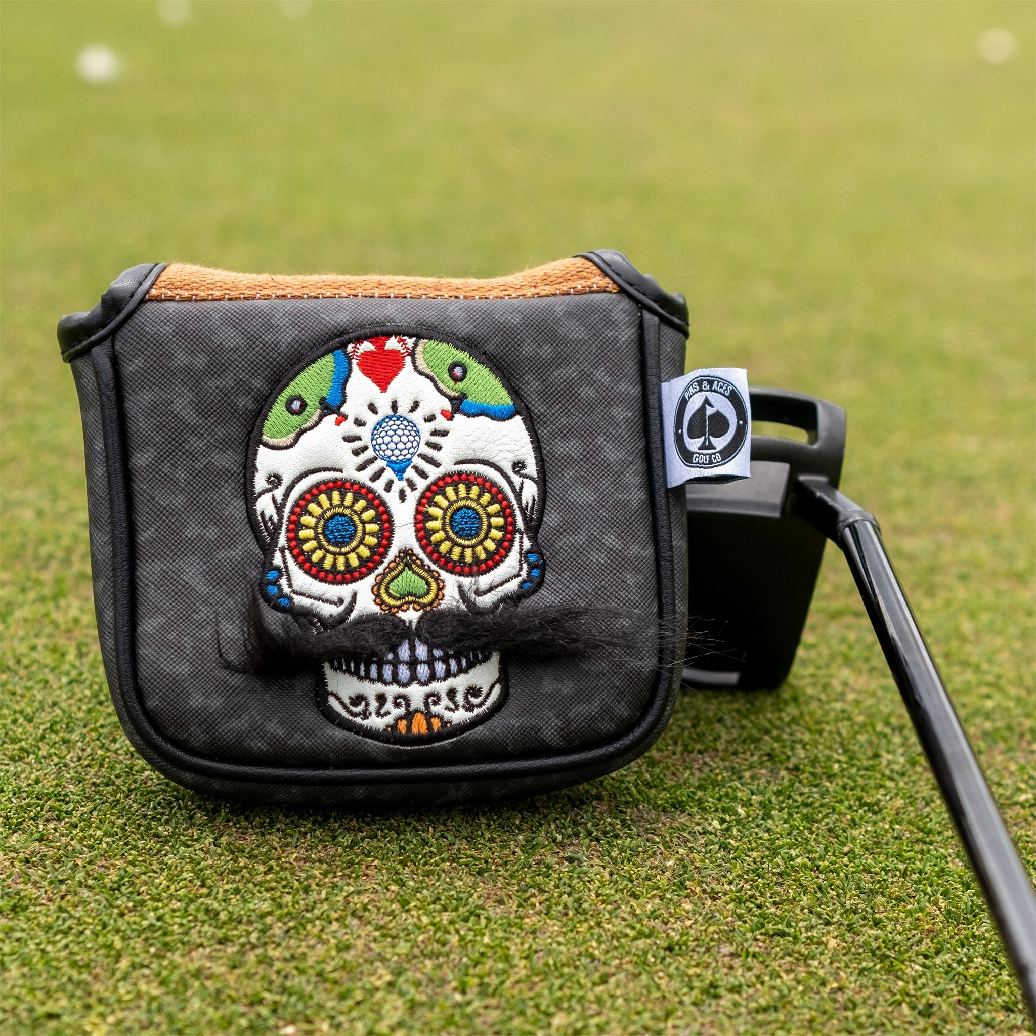Mustache Sugar Skull - Mallet Putter Cover Gray Camo - Image 6